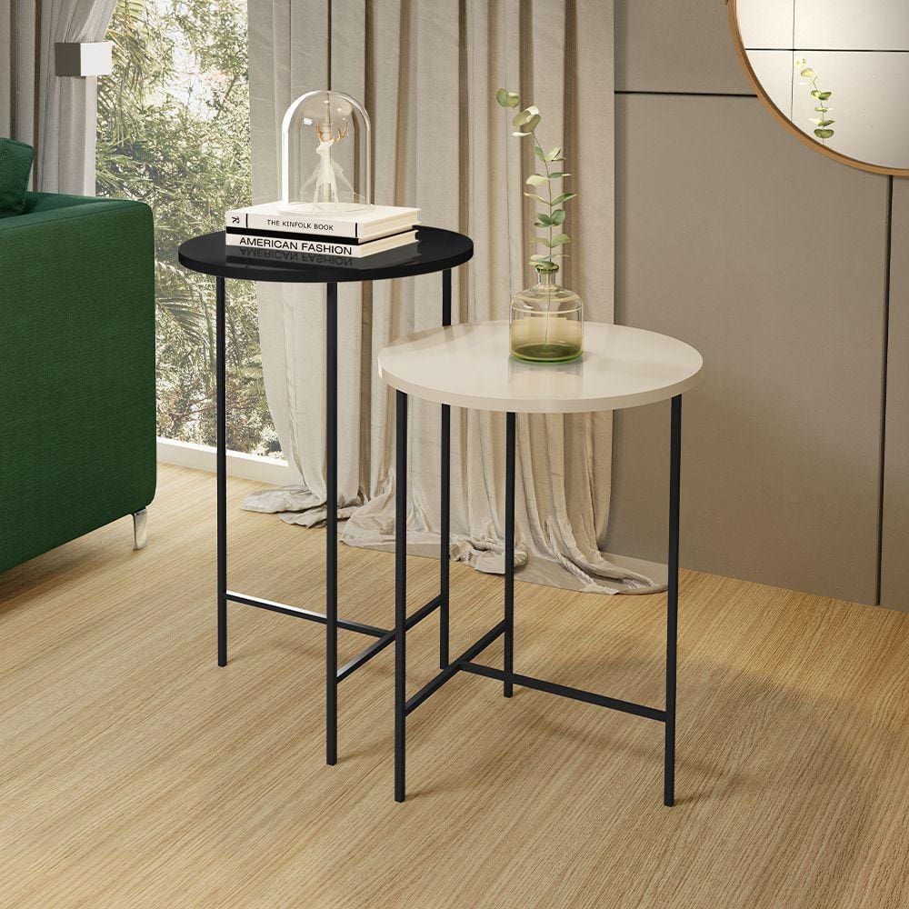 Conjunto 2 Mesas Lateral Luxo Redonda para Sala e Quarto Lírio - Preto / Off White