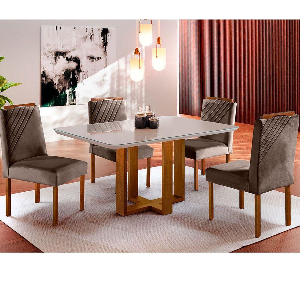 Conjunto Sala de Jantar 4 Lugares em Madeira Maciça Mesa Lisy Tampo em Vidro e Cadeiras Imperatriz Marrom Burguês - Móveis Mix