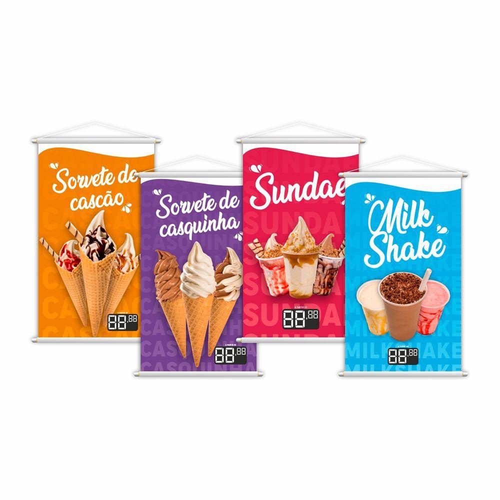Kit 4 Banners Sorvete Casquinha Sundae Milk Shake Grande