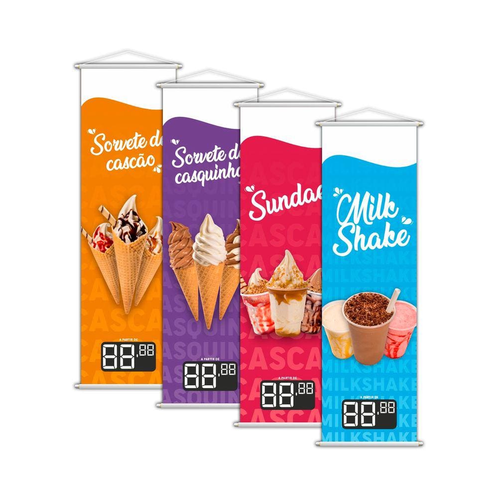 Kit 4 Banners Sorvete Casquinha Sundae Milk Shake 100x30cm