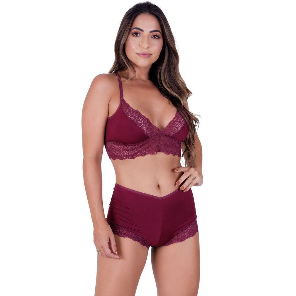 Conjunto conforto sem bojo e sem arco com caleçon em renda de poliamida e tecido vinho rubro