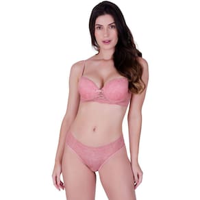 Conjunto confortável sensual com bojo e arco em renda de poliamida rosa romance