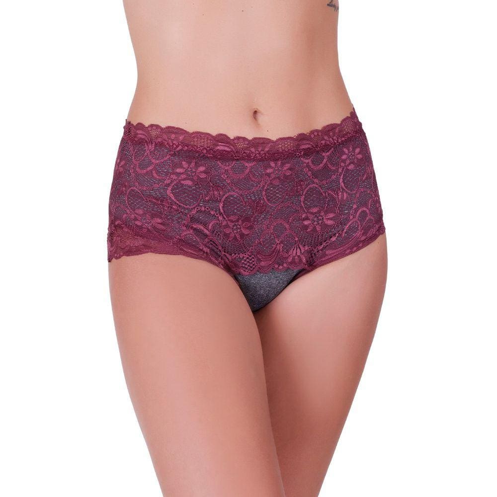 Calcinha confortável laterais largas cós alto mescla em renda de poliamida vinho rubro