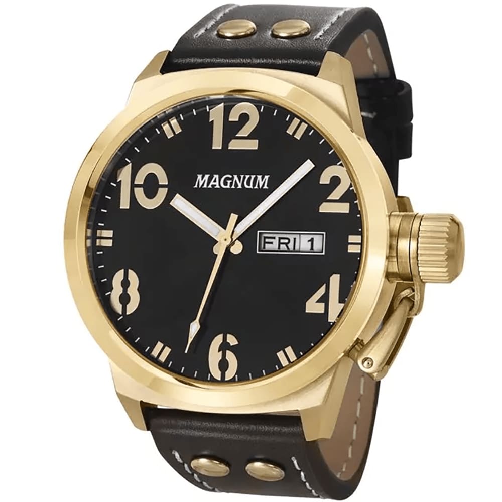 Relógio Magnum Masculino Dourado Pulseira Preta Prova D´agua