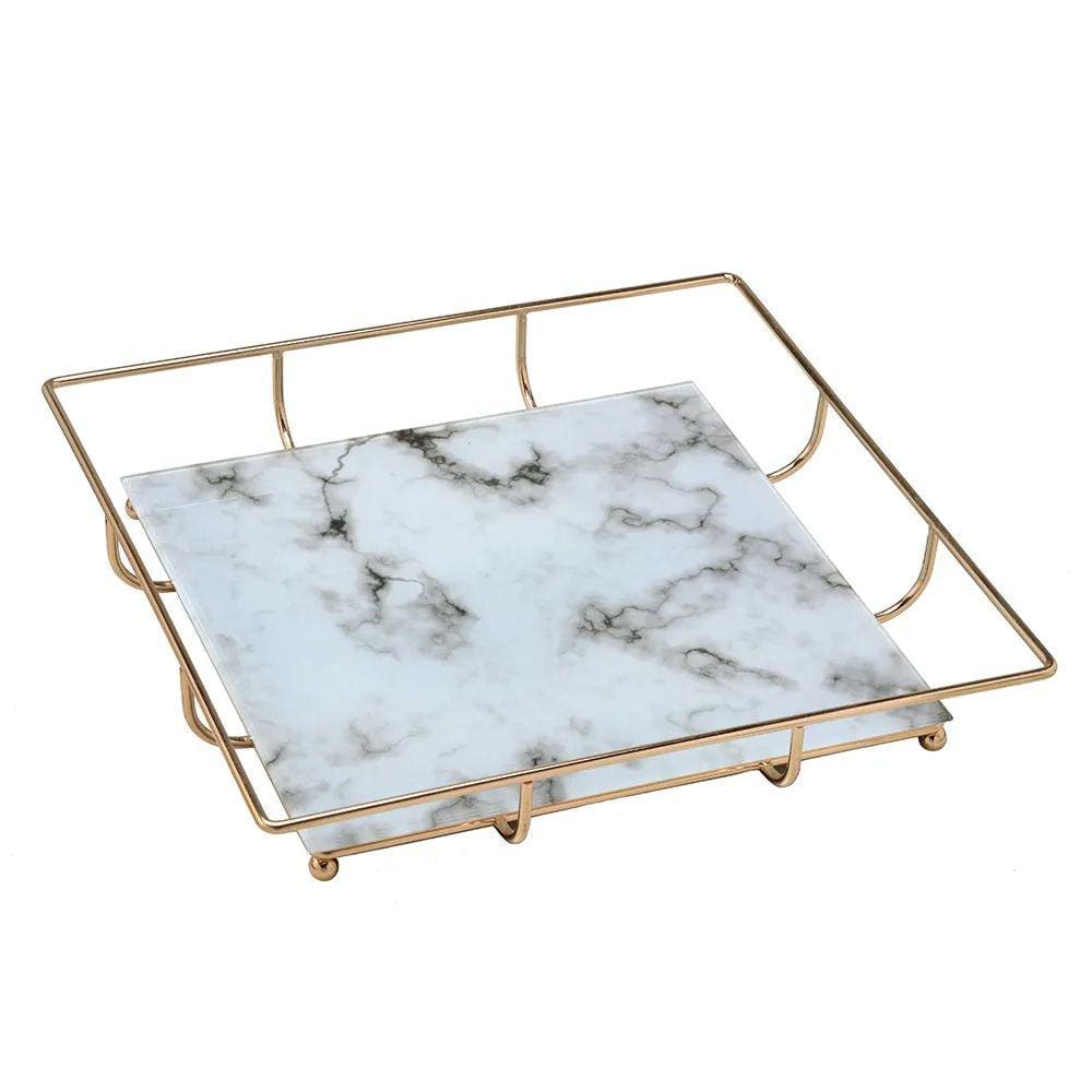 Bandeja Decorativa Quadrada em Metal e Vidro Dourado 34cm