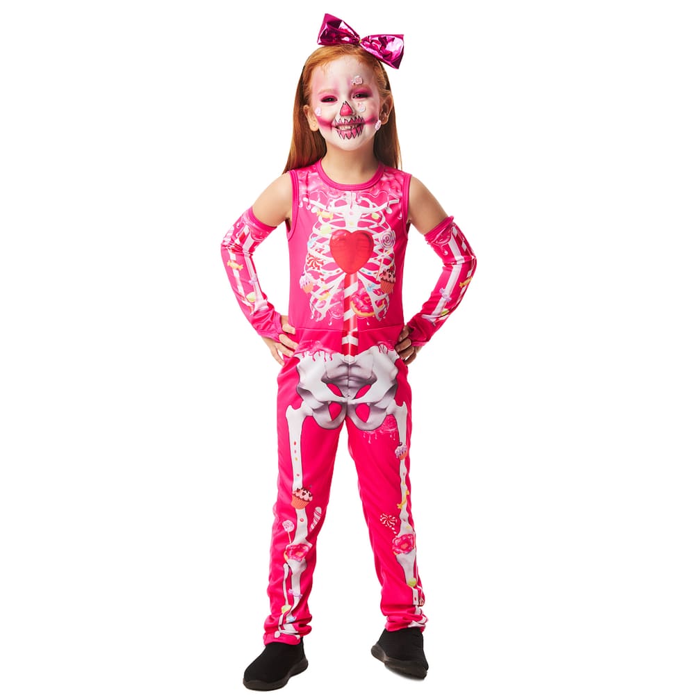 Fantasia Halloween Menina Esqueletinha Rosa Infantil c/ Luva