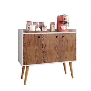 Aparador Buffet Wood Prime 3 Portas Cantinho Café Prateleira Organizadora Pés Palito Decoração Retrô - Off White|Freijó - RPM Móveis