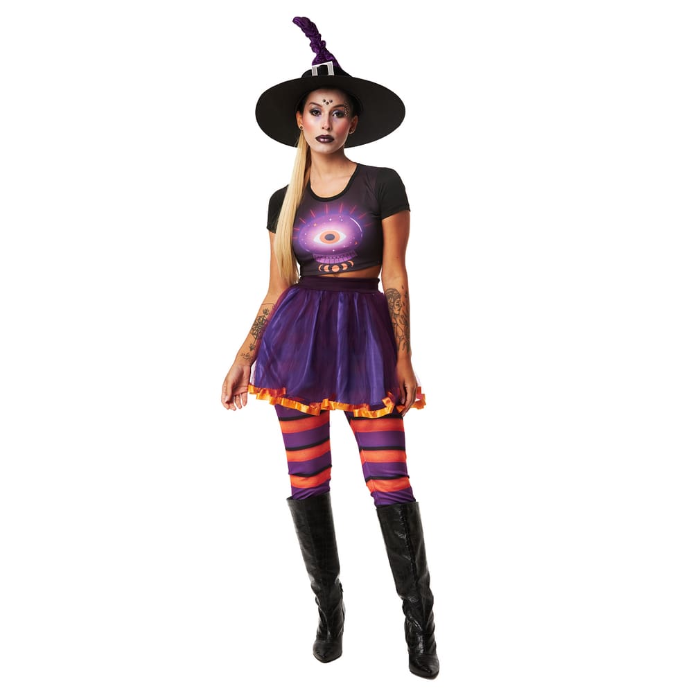 Fantasia Halloween Bruxa Feminina Lilás Cropped c/ Saia Roxa