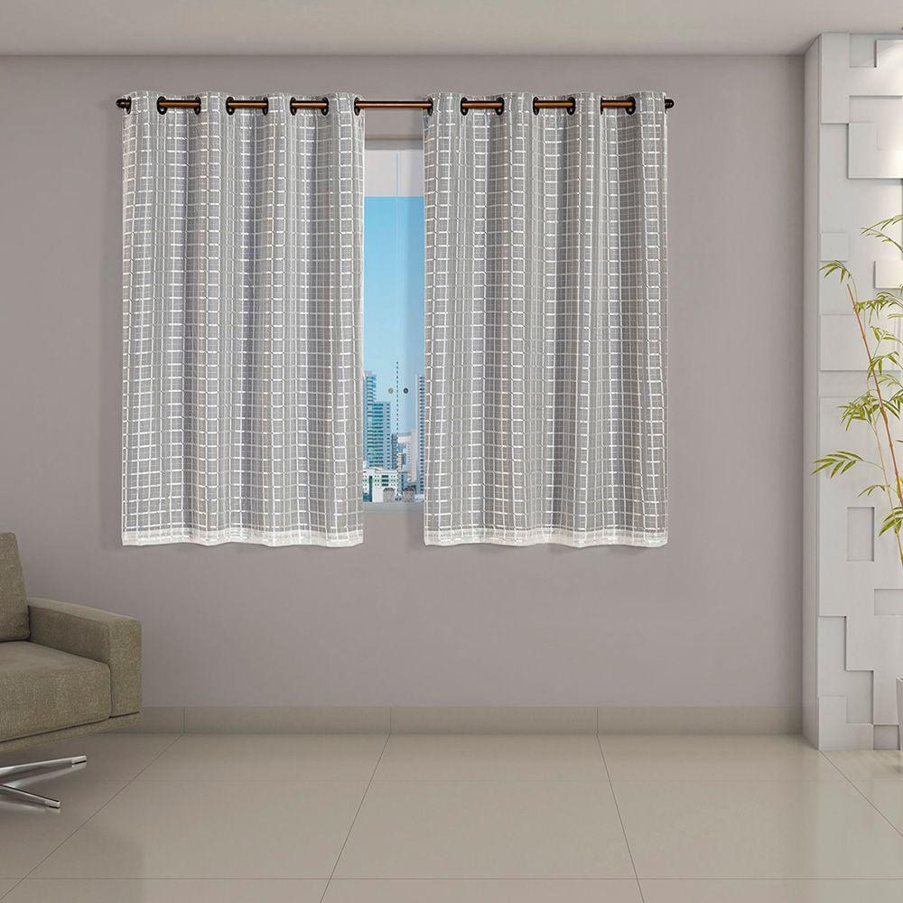 Cortina Blackout prata com Voil Xadrez 2,00 m x 1,40 m Bege