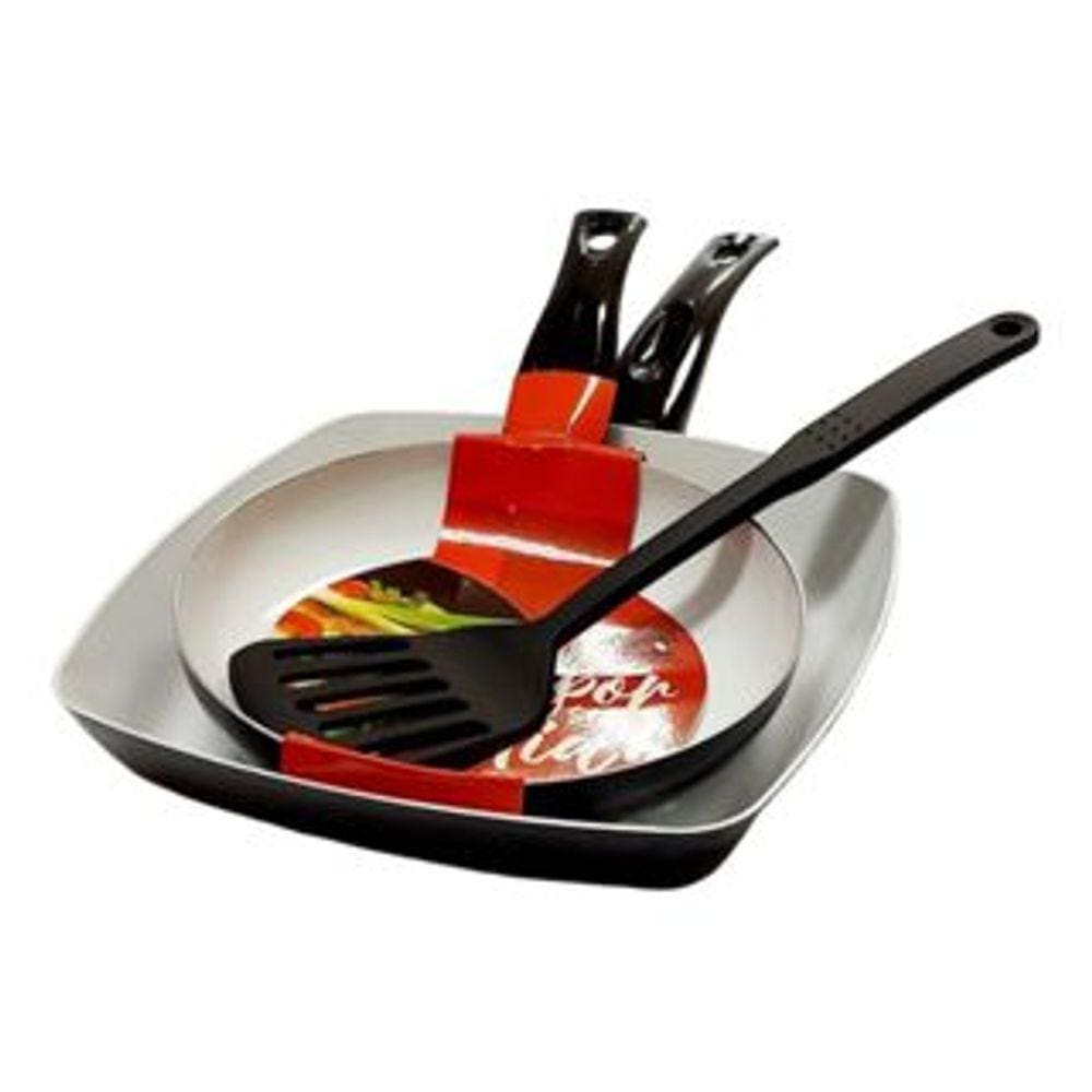 Kit Frigideira Grill Espátula C/ Revestimento Cerâmico 3 Peças Preto