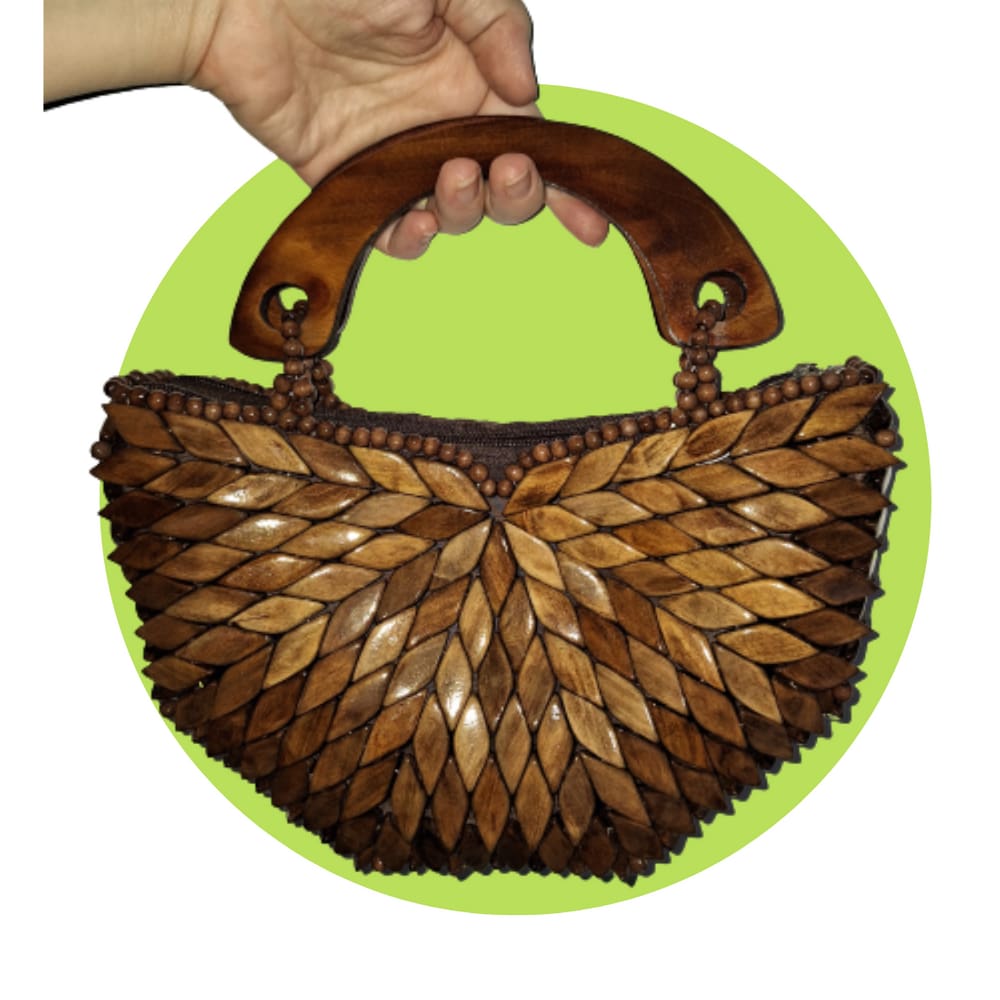 Bolsa Artesanal Peças Madeira Envernizada Marrom, Meia Lua