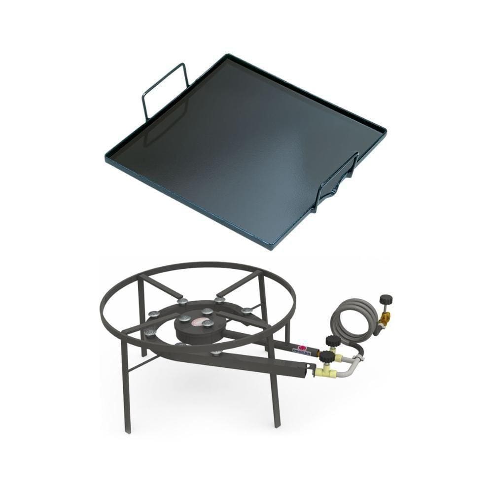 Kit Camping 6 - Fogareiro Fogão F2b10 Redondo 40cm Duplo De Mesa + Chapa Bifeteira 32cm - Progás