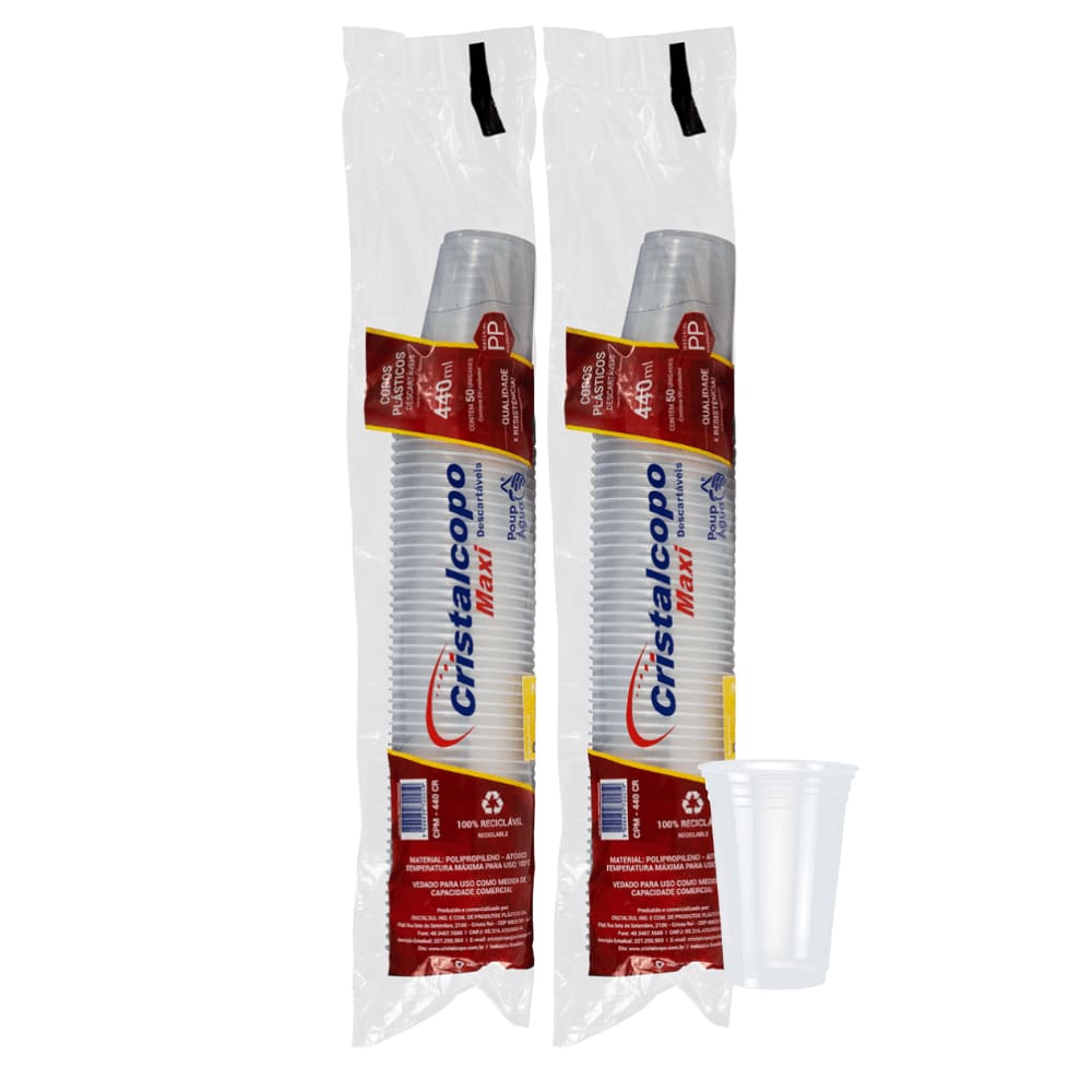 2 Pacotes de Copo 440ml PP Translúcido cristalino Liso Cristalcopo com 50 unidades