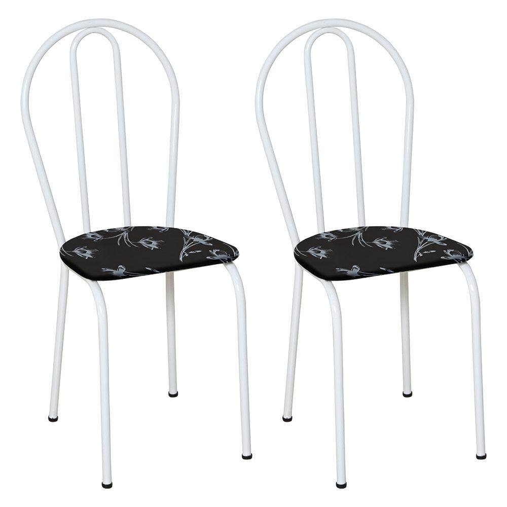 Kit 2 Cadeiras de Cozinha Texas Estampado Preto Florido Pés de Ferro Branco - Pallazio