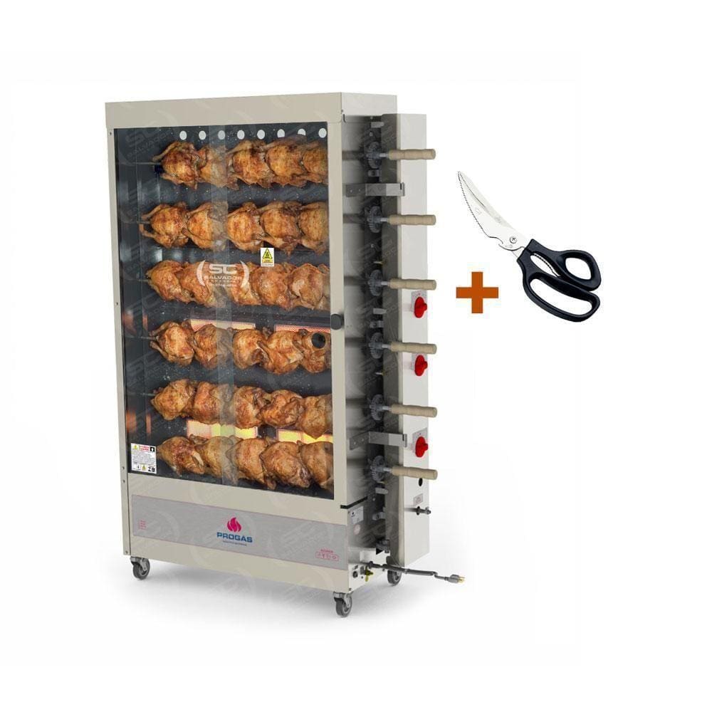 Assador De Frango Gás 6 Espetos Infra Pr-631 Progás + Tesoura Multifuncional Tramontina Bivolt