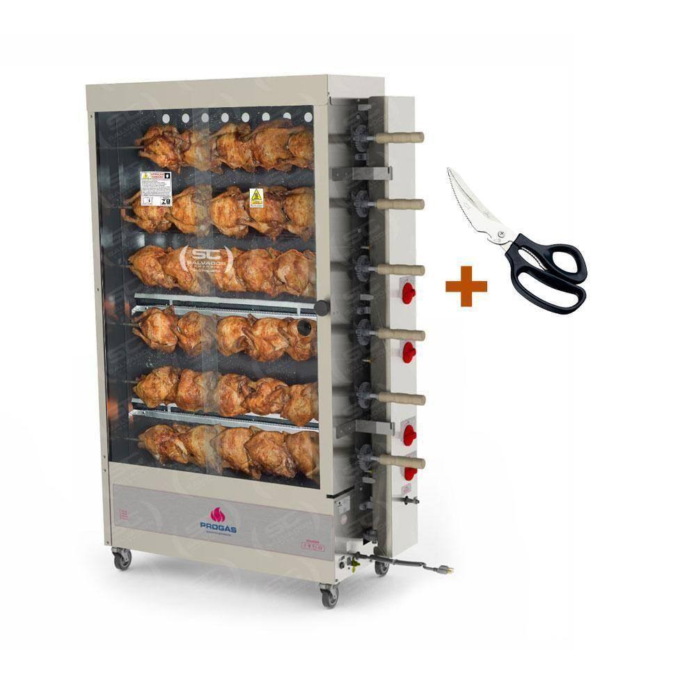 Assador De Frango Gás 6 Espetos Tubular Pr-634 Progás + Tesoura Multifuncional Tramontina Bivolt