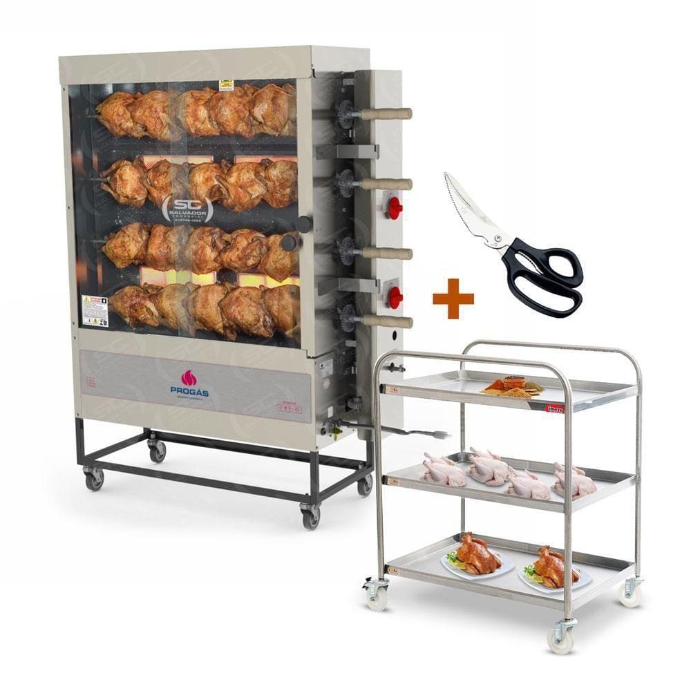 Assador De Frango Gás 4 Espetos Infra Pr-621 Progás + Tesoura Tramontina + Carrinho Inox Bivolt
