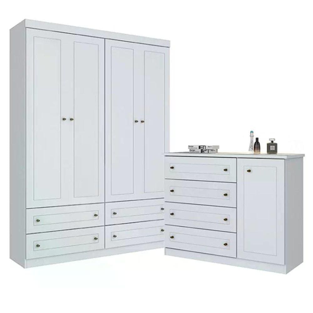 Jogo de Quarto com Roupeiro 4 Portas e Cômoda Americano - Móveis Henn