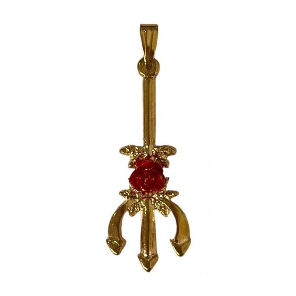 Pingente Tridente Pomba Gira Rosa Vermelha 4,1 Cm Dourado