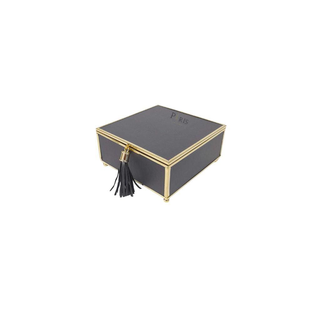 Caixa Decorativa Quadrada de Vidro e Couro Sintético Preto e Dourado 15cm