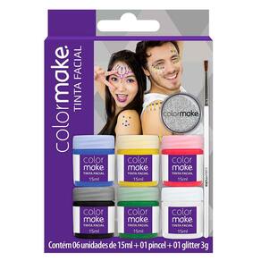 Kit Tinta Facial Líquida Pincel e Glitter 15ml - 6 Unidades