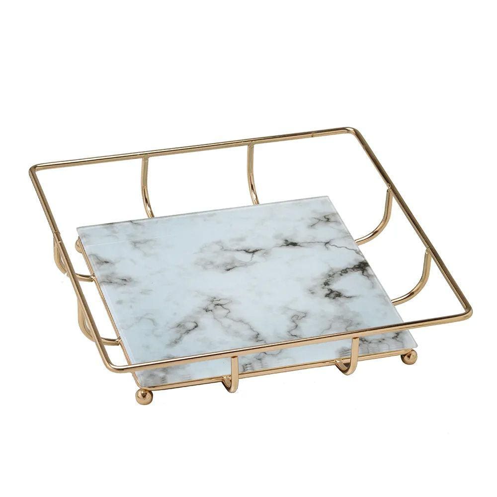 Bandeja Decorativa Quadrada em Metal e Vidro Dourado 26cm