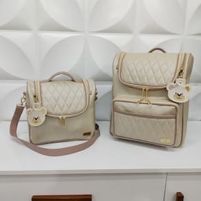 Kit Mochila Maternidade e Frasqueira Térmica Marfim Rose - Coutre Bolsas