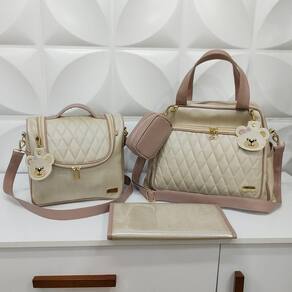 Kit Bolsa Maternidade, Frasqueira Térmica e Trocador Marfim Rose- Coutre Bolsas
