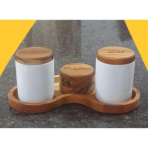 Kit p/ temperos - condimentos 4 Pçs - Porcelana c/ Madeira Teca