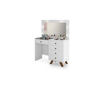 Penteadeira Camarim Luna 5 gavetas led espelho pés de madeira Branco