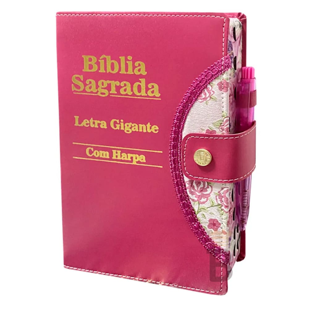 Bíblia Sagrada Letra Gigante Harpa Porta Caneta Pink 14x22
