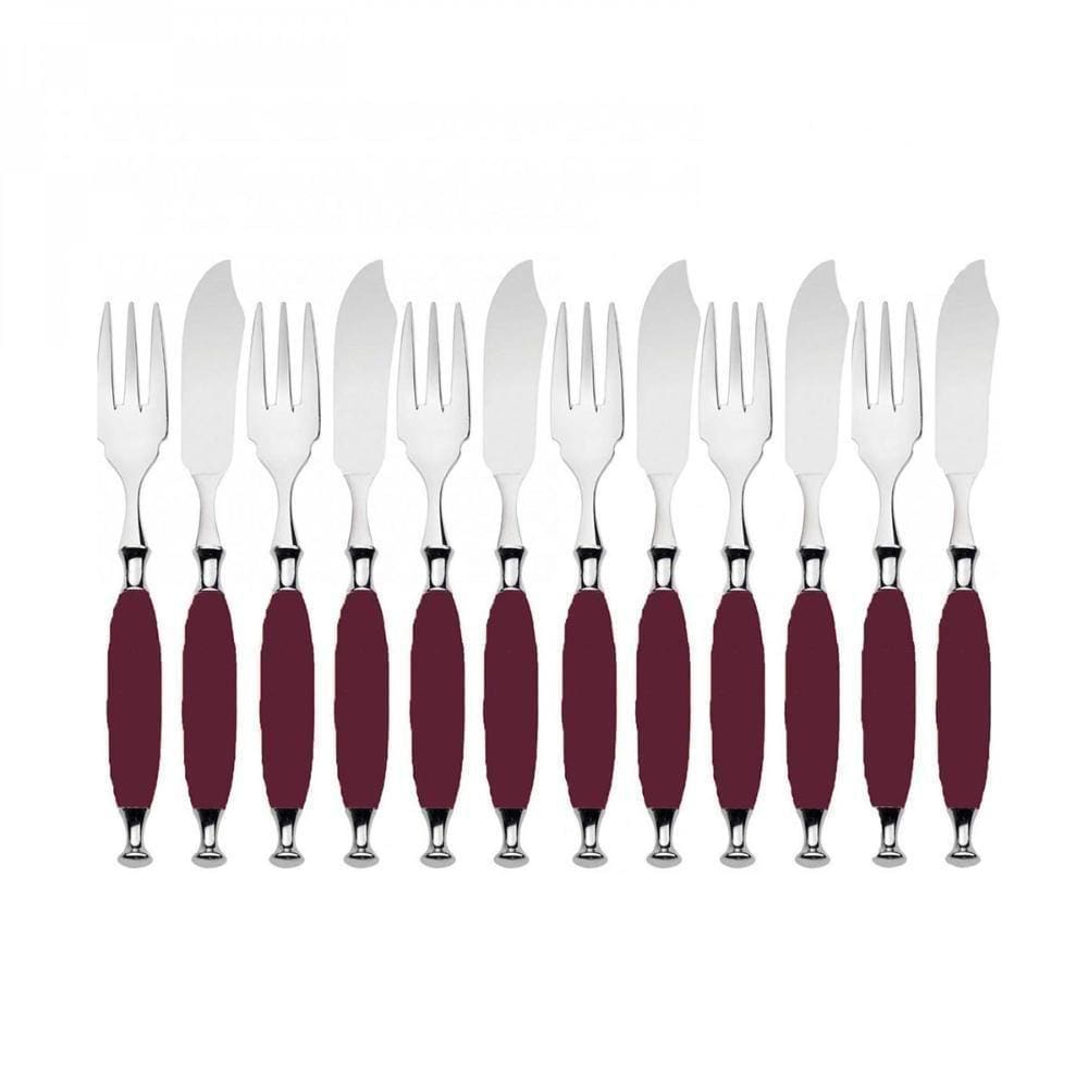 Kit Garfo E Faca Peixe Cozinha 12 Pçs Bordô Country Bugatti