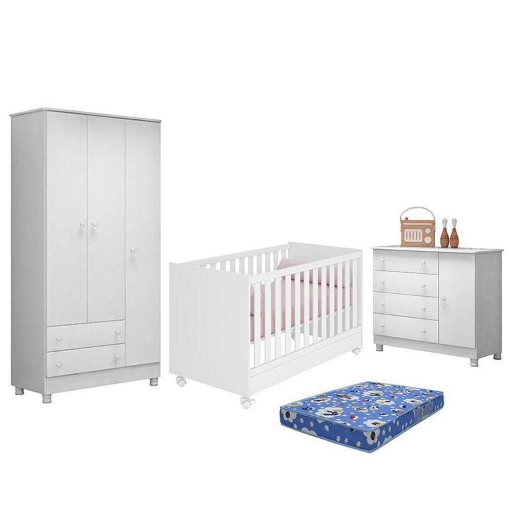 Dormitório Doce Sonho 3 Portas, Cômoda 1 Porta, Berço Mini Cama com Rodízio e Colchão - Qmovi