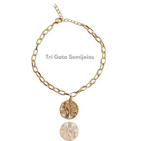 Pulseira dourada pingente árvore da vida