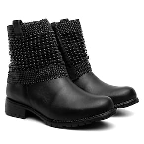 Bota Feminina Cano Curto Couro Salto Baixo Malha Metal