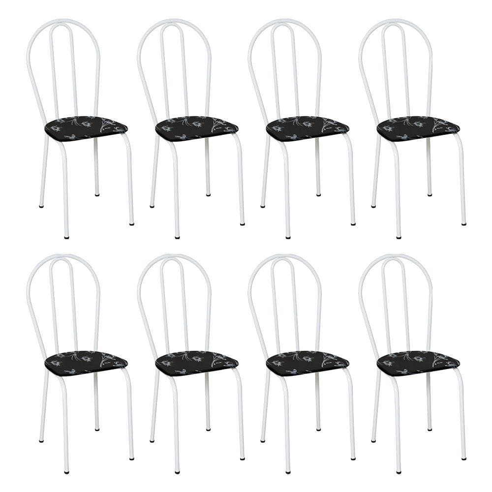 Kit 6 Cadeiras de Cozinha Texas Estampado Preto Florido Pés de Ferro Branco - Pallazio