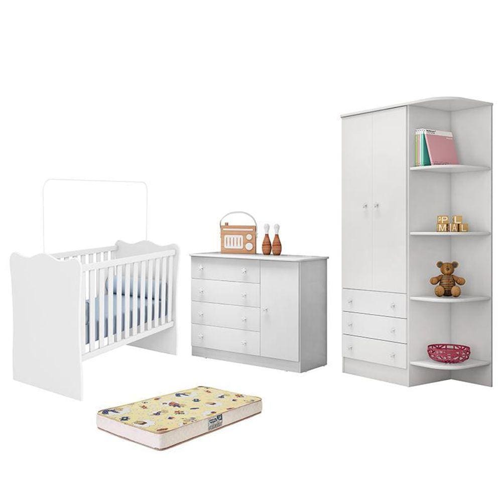 Dormitório Infantil Doce Sonho 2 Portas, Cômoda 1 Porta, Berço e Colchão - Qmovi