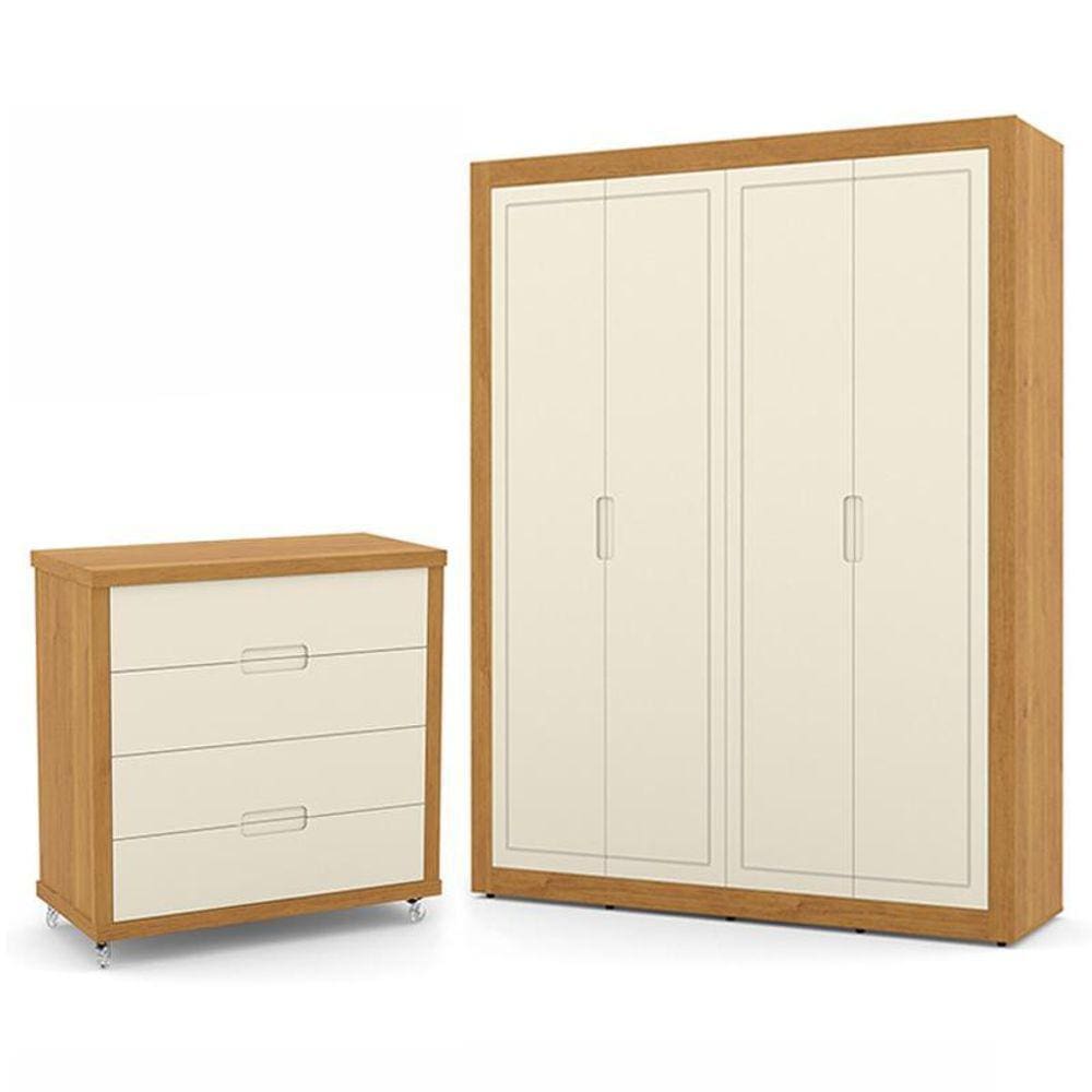 Jogo de Quarto Infantil com Guarda Roupa 4 Portas e Cômoda 4 Gavetas Tutto New - Matic Móveis