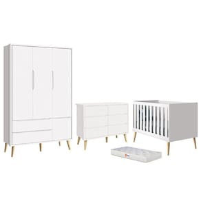 Dormitório Completo Infantil Theo 3 Portas, Cômoda 6 Gavetas, Berço com Pés Madeira Naturale Colchão D18 - Reller Móveis