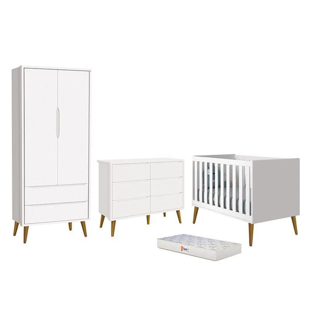 Dormitório Completo Infantil Theo 2 Portas, Cômoda 6 Gavetas, Berço com Pés Amadeirado e Colchão D18 - Reller Móveis