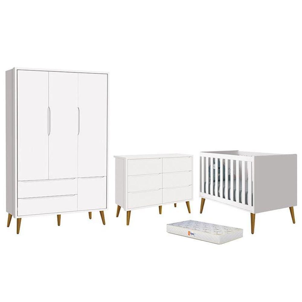 Dormitório Completo Infantil Theo 3 Portas, Cômoda 6 Gavetas, Berço com Pés Amadeirado e Colchão D18 - Reller Móveis