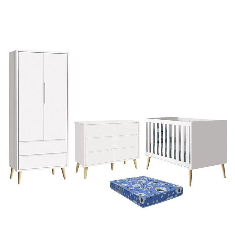 Dormitório Theo 2 Portas, Cômoda 6 Gavetas, Berço com Pés Madeira Natural e Colchão - Reller Móveis