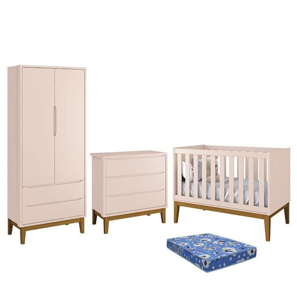 Dormitório Infantil Classic 2 Portas, Cômoda 3 Gavetas, Berço com Pés Amadeirado e Colchão - Reller Móveis