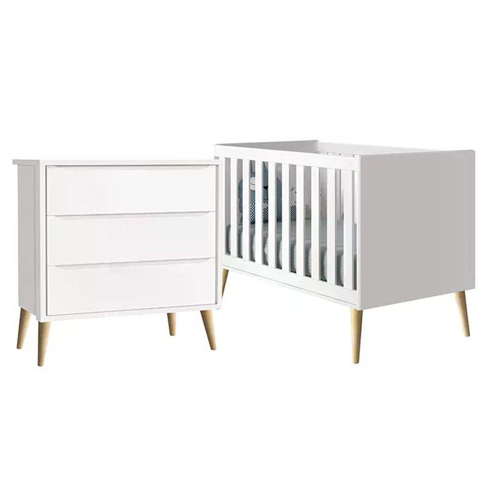 Jogo de Quarto Infantil Theo Cômoda 3 Gavetas e Berço com Pés Madeira Natural - Reller Móveis