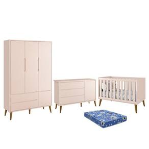 Dormitório Infantil Theo Retrô 3 Portas, Cômoda 1 Porta, Berço com Pés Amadeirado e Colchão - Reller Móveis