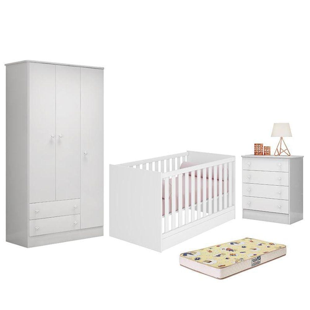 Dormitório Doce Sonho 3 Portas, Cômoda 4 Gavetas, Berço Mini Cama e Colchão - Qmovi