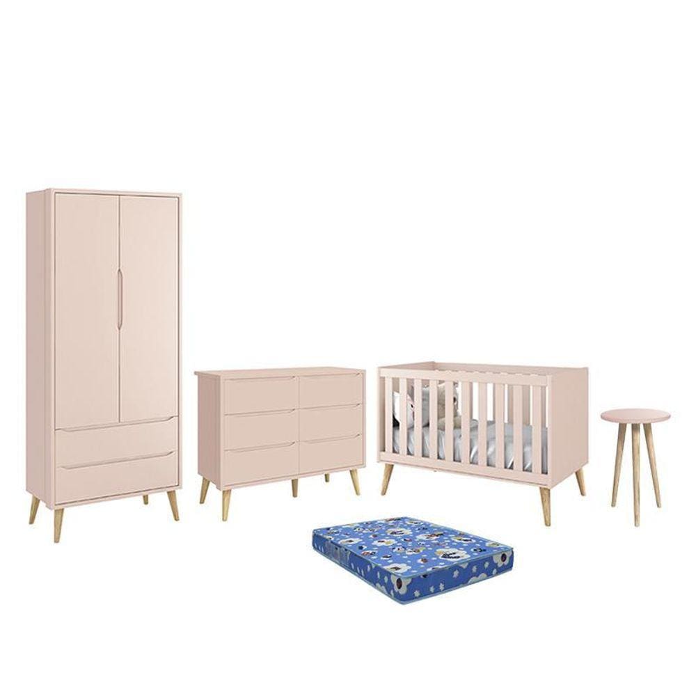 Dormitório Theo 2 Portas, Cômoda 6 Gavetas, Berço, Mesa de Canto com Pés Madeira Natural e Colchão - Reller Móveis