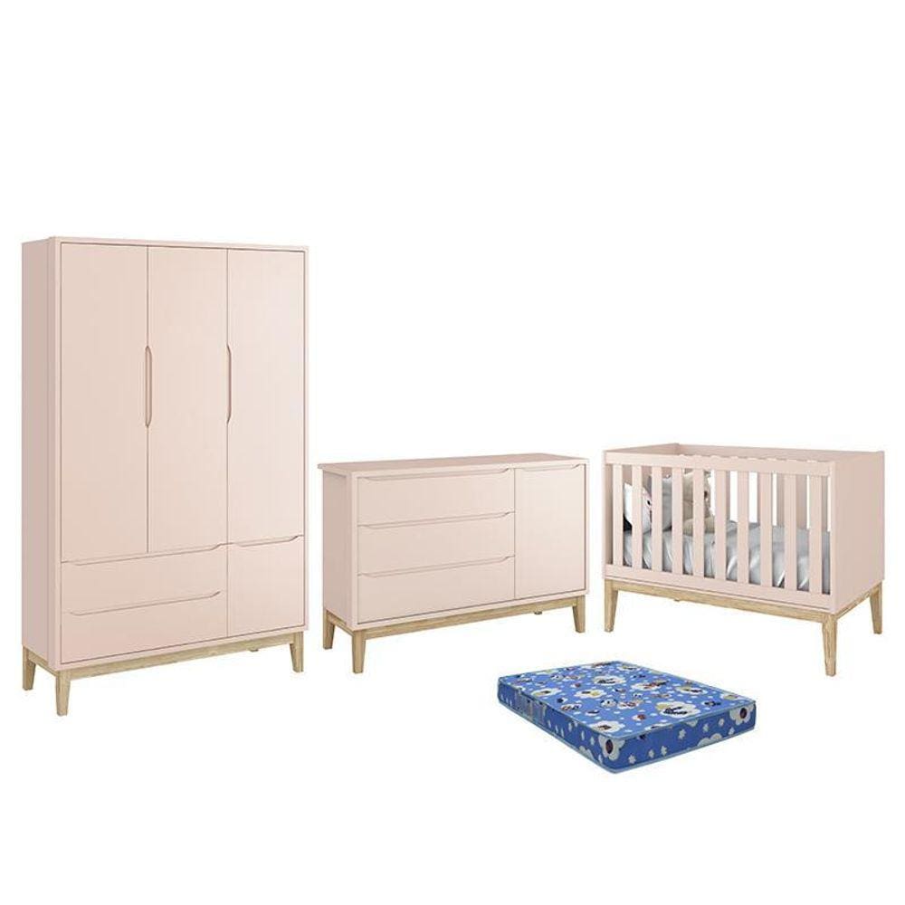 Dormitório Infantil Classic 3 Portas, Cômoda 1 Porta, Berço com Pés Madeira Natural e Colchão - Reller Móveis