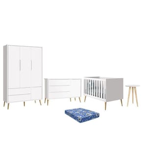 Dormitório Theo Retrô 3 Portas, Cômoda 1 Porta, Berço, Mesa de Apoio com Pés Madeira Natural e Colchão - Reller Móveis