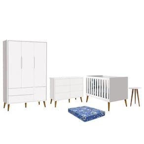 Dormitório Theo 3 Portas, Cômoda 6 Gavetas, Berço, Mesa de Canto com Pés Amadeirado e Colchão - Reller Móveis